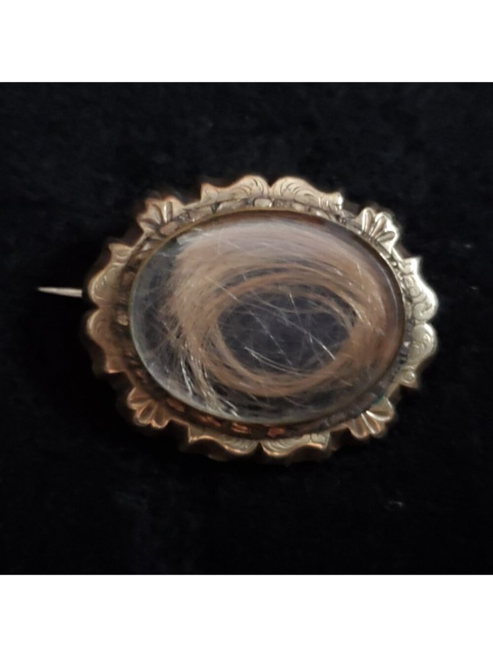Vintage Mourning Brooch Gold Tone With Hair 1 3/8" READ SEE